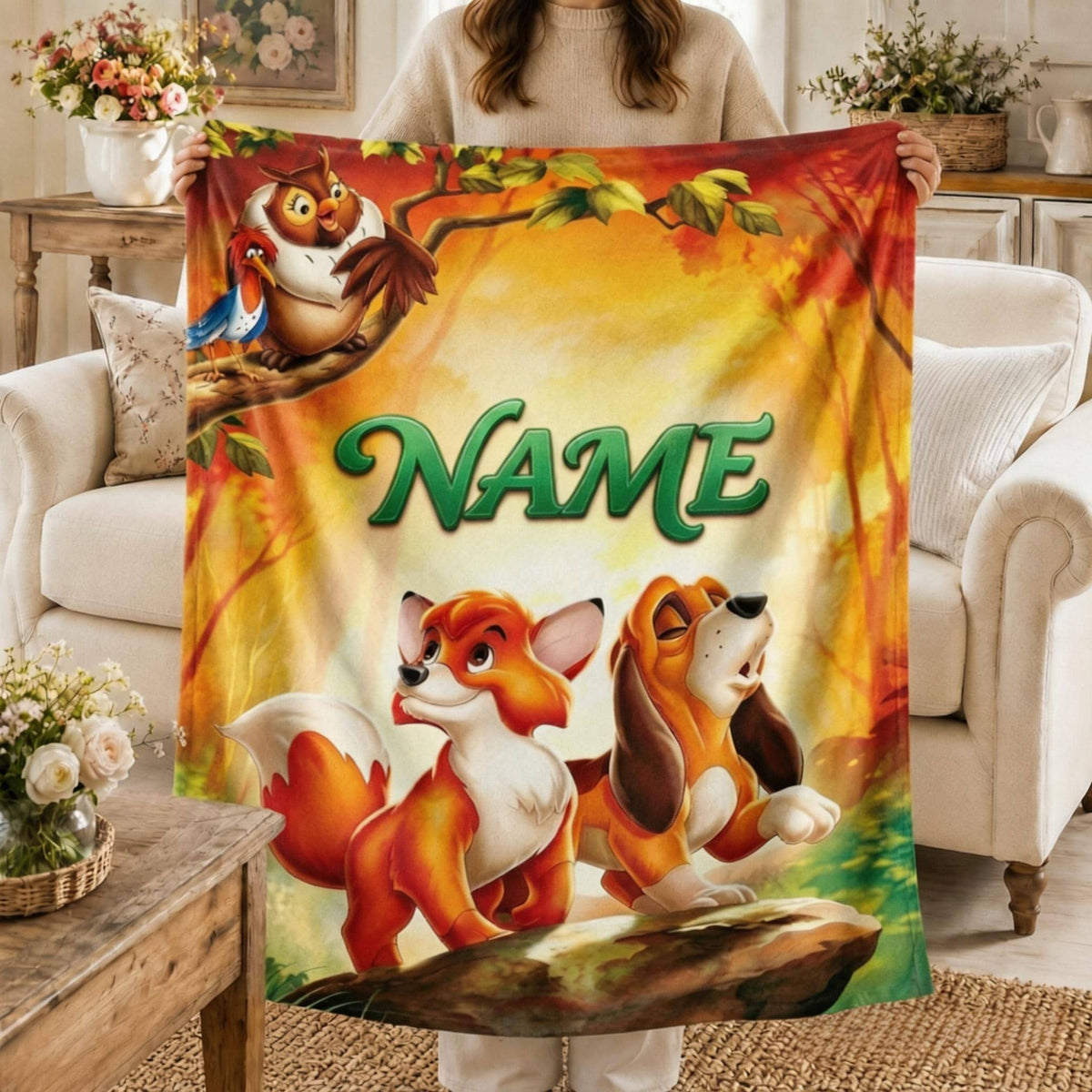 Personalized Tod Copper Blanket Soft Throw,Kids Custom Printed‑Name Nostalgic Cartoon Bedding.