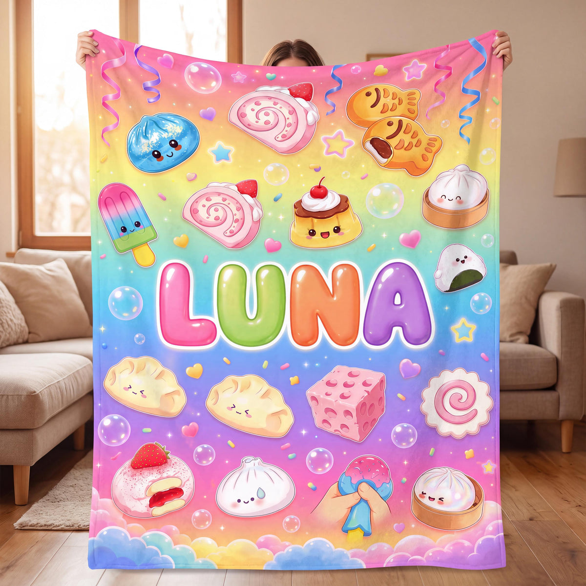 Personalized Kawaii Dumpling Blanket, Pastel Cloud Nursery Decor, Cute Steamed Bun Throw, Sweet Candy Toddler Girl Bedding Gift