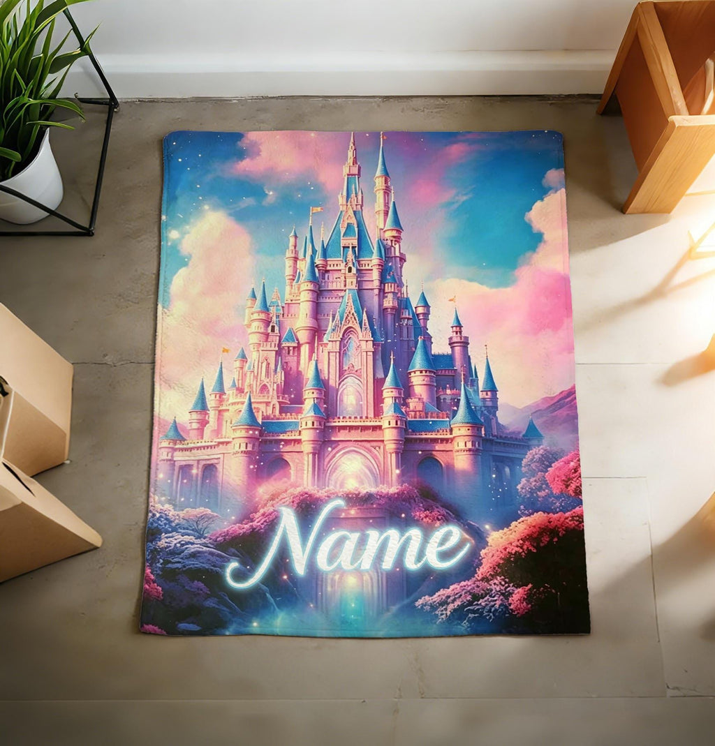 Personalized Magical Castle Fleece Blanket, Disneyland at Night Throw Blanket, Cartoon Fan Kid Blanket, Birthday Gift, Trip Souvenir