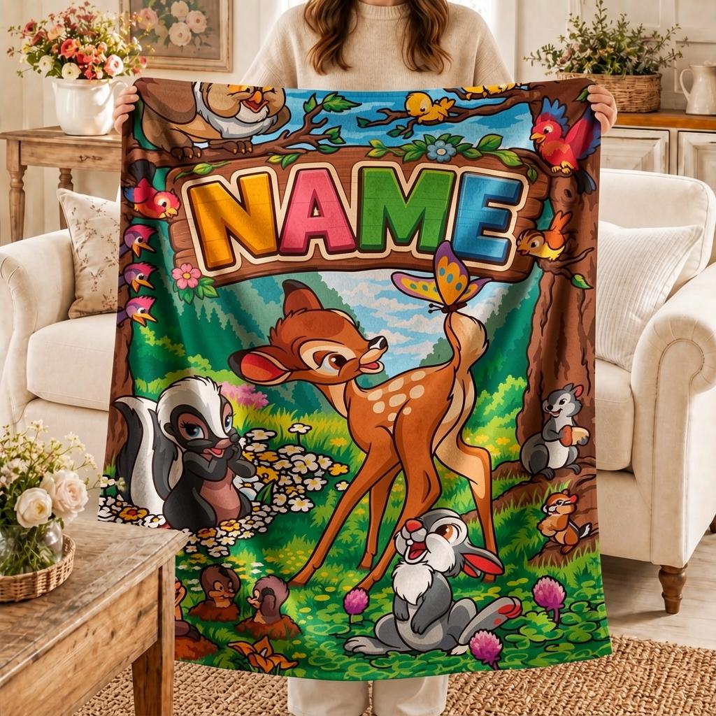 Toddler Personalized Bambi Blanket Soft Throw, Custom‑Printed‑Name Nostalgic Cartoon Throw