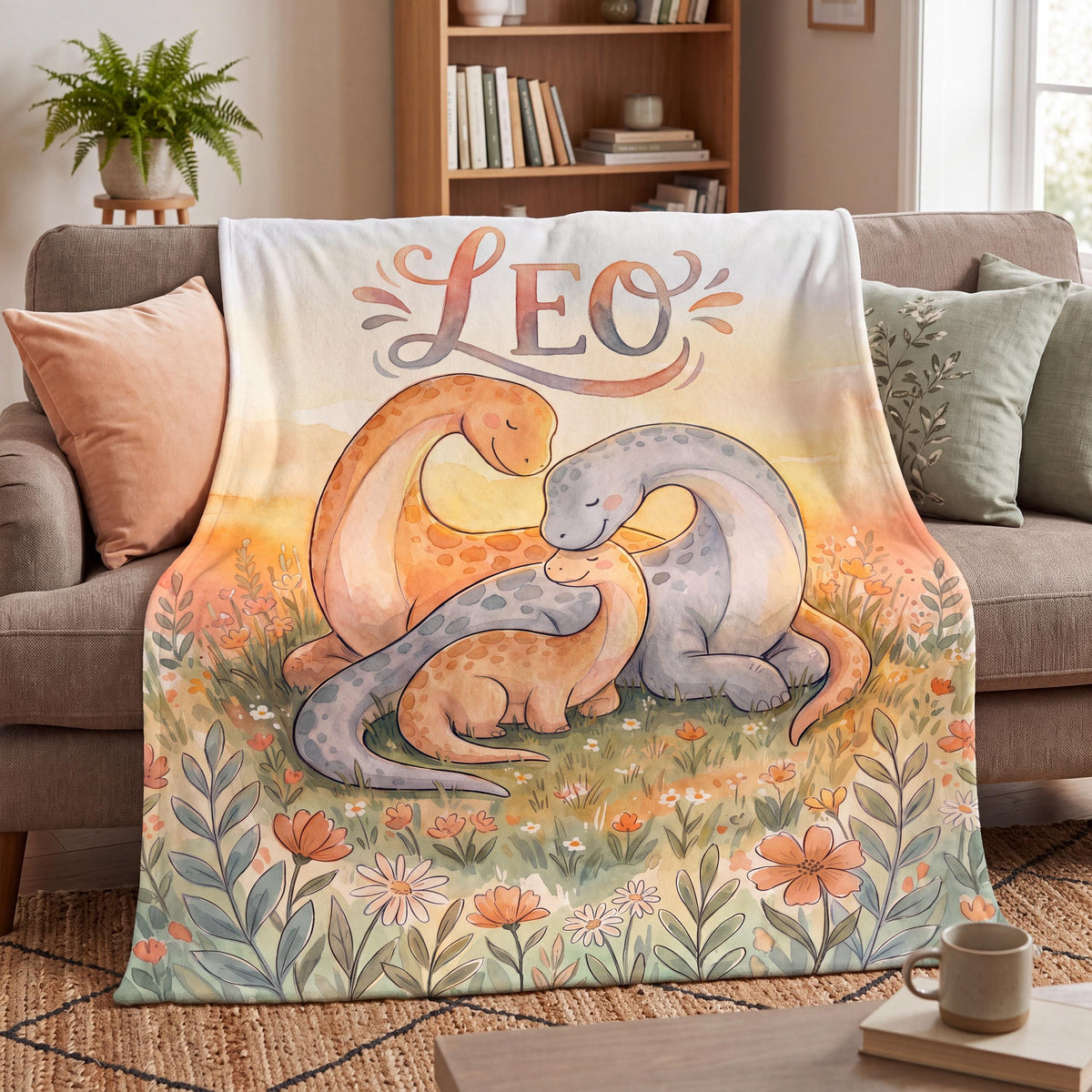 Personalized Dinosaur Blanket for Boys, Custom Name Baby Boy Nursery Throw, Watercolor Dino Toddler Bedding, Newborn Shower Gift