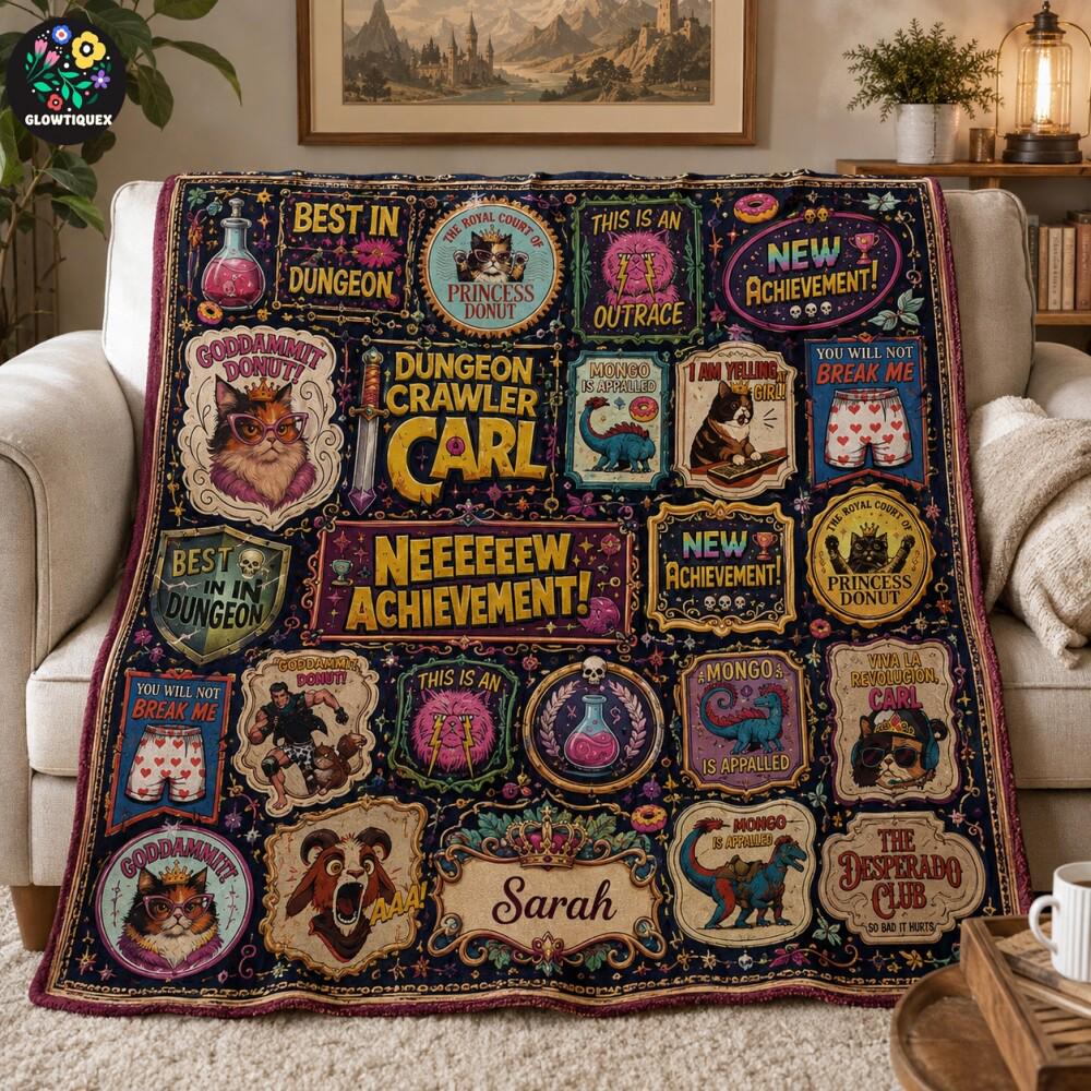 Personalized Dungeon Crawler Blanket, New Achievement Throw Blanket, DCC Fan Gift, Fantasy Blanket, Gamer Fleece Blanket, Cozy Gaming Decor
