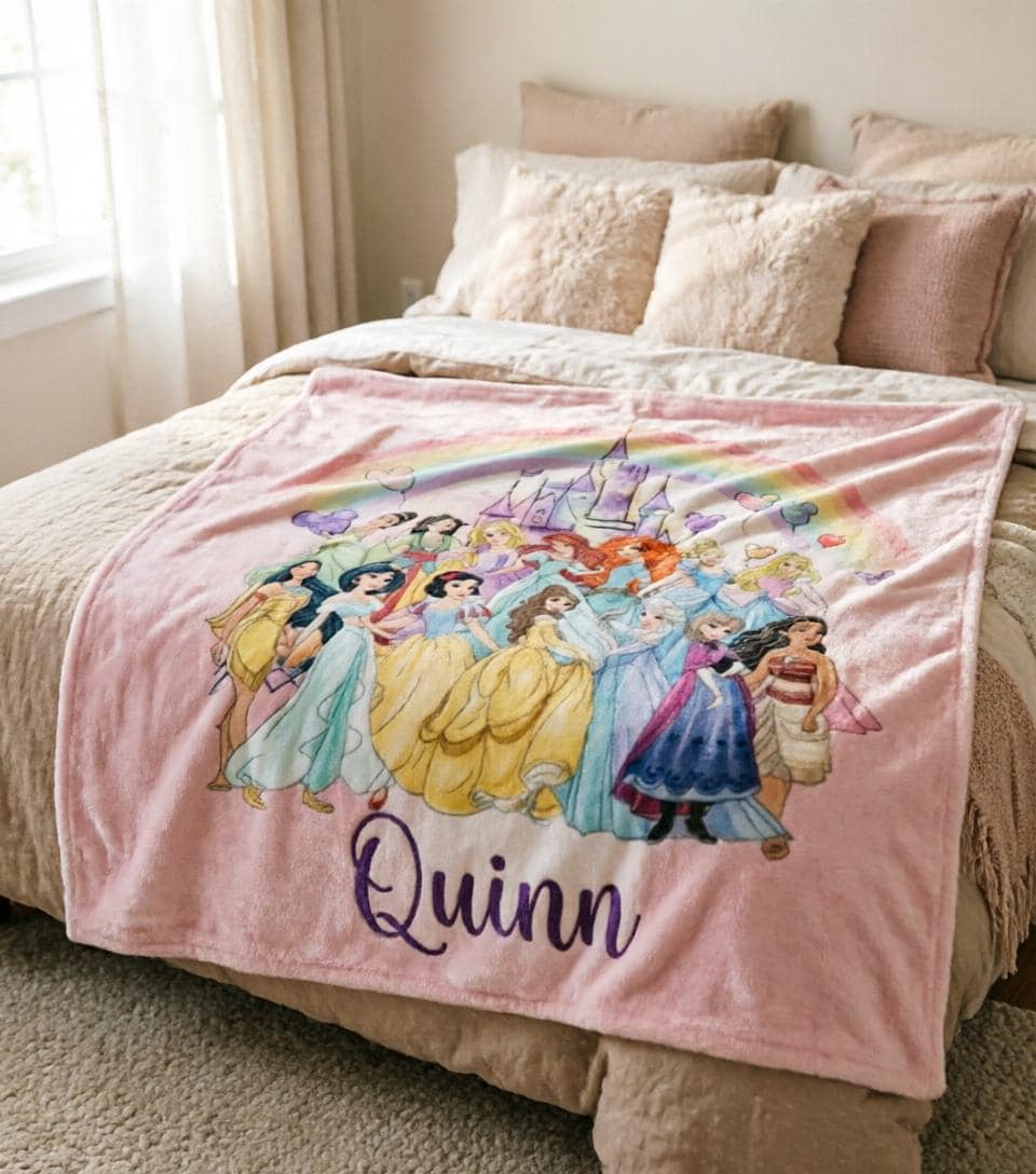Personalized Disney Princess Blanket Soft Throw, Custom Name Girls Cozy Nursery Throw