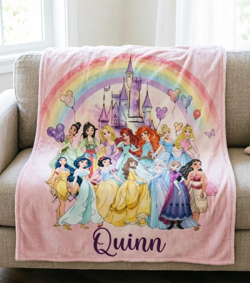 Personalized Disney Princess Blanket Soft Throw, Custom Name Girls Cozy Nursery Throw