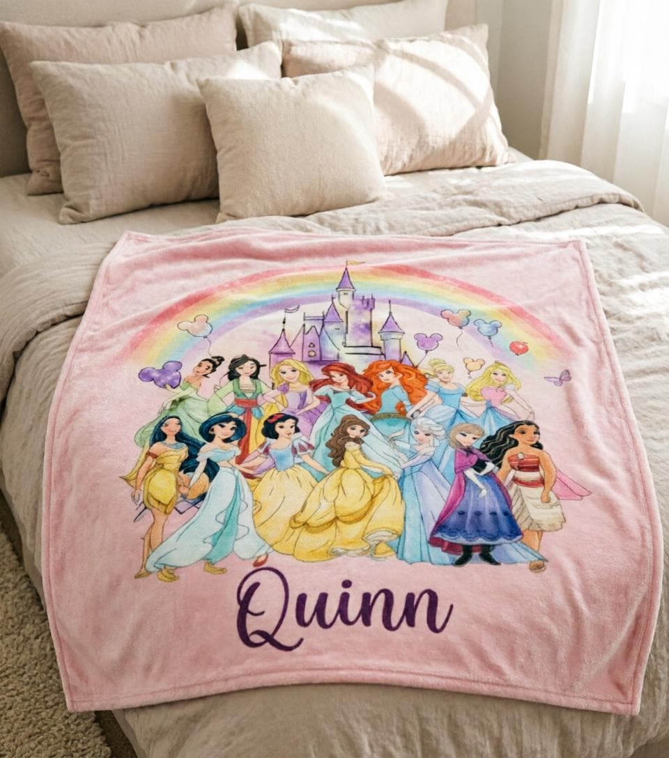 Personalized Disney Princess Blanket Soft Throw, Custom Name Girls Cozy Nursery Throw