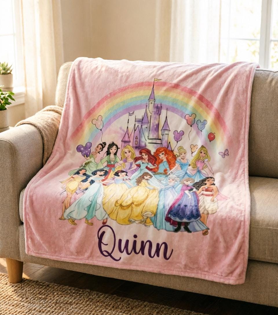 Personalized Disney Princess Blanket Soft Throw, Custom Name Girls Cozy Nursery Throw