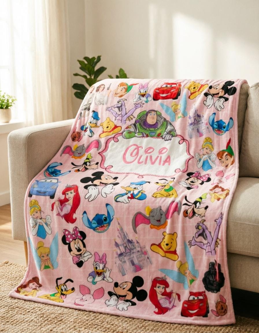 Personalized Disney Collage Blanket Soft Throw, Custom Name Kids Cozy Throw