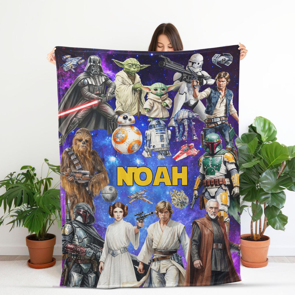 Personalized Disney Star Wars Blanket, Custom Name Star Wars Character Throw Blanket,Grogu Darth Vader Fleece Blanket,Birthday Gift Kids Fan