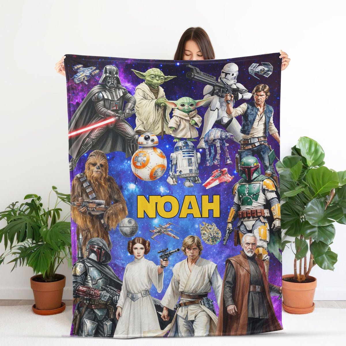 Personalized Disney Star Wars Blanket, Custom Name Star Wars Character Throw Blanket,Grogu Darth Vader Fleece Blanket,Birthday Gift Kids Fan