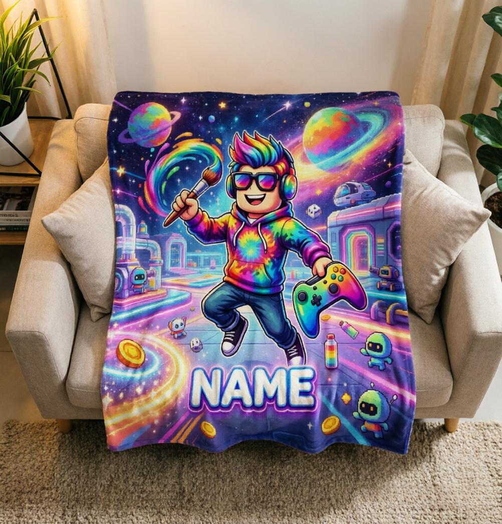 Personalized Space Blanket Soft Throw, Gamer Fleece for Art Boys, Birthday Gift