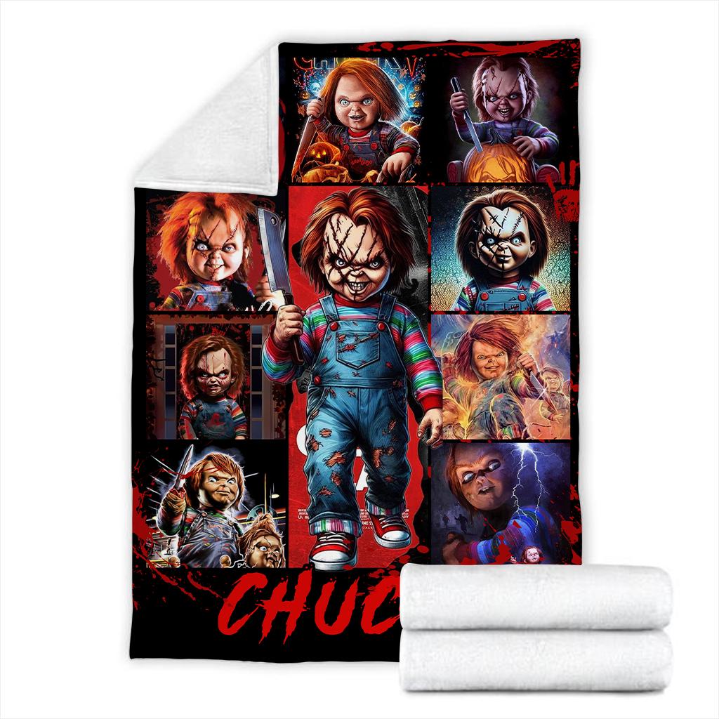 Scary Chucky Horror Blanket, Creepy Killer Doll Throw Blanket, Spooky Halloween Blanket, Movie Gift for Horror Fans, Cozy Fleece Bedding