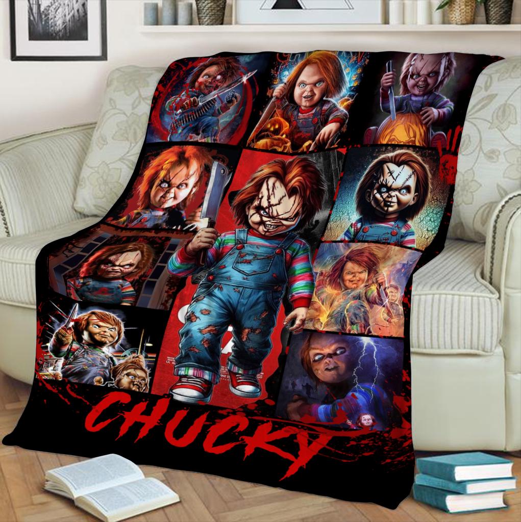 Scary Chucky Horror Blanket, Creepy Killer Doll Throw Blanket, Spooky Halloween Blanket, Movie Gift for Horror Fans, Cozy Fleece Bedding