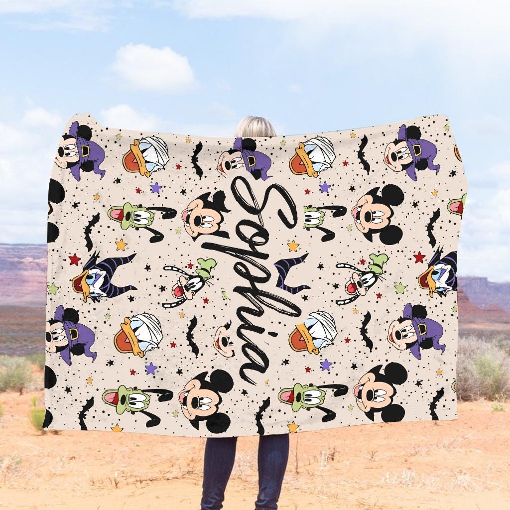 Personalized Spooky Name Blanket, Custom Mickey and Friends Halloween Throw Blanket, Spooky Season Gift, Cozy Fleece Bedding, Spooky Blanket