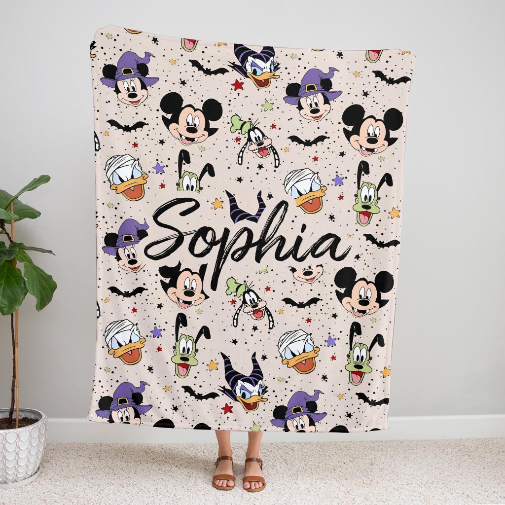 Personalized Spooky Name Blanket, Custom Mickey and Friends Halloween Throw Blanket, Spooky Season Gift, Cozy Fleece Bedding, Spooky Blanket