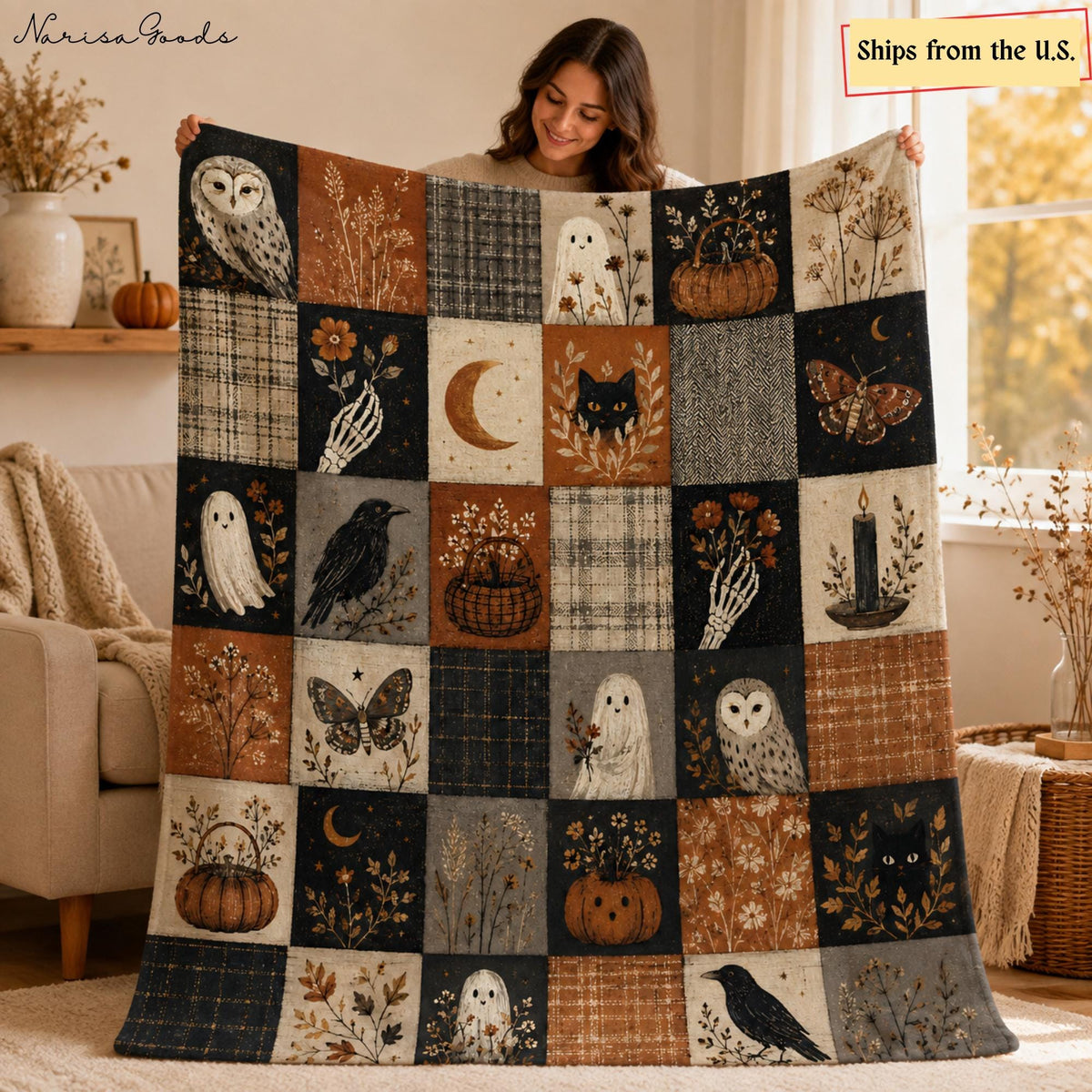 Vintage Halloween Flannel Blanket, Patchwork Ghost Owl Black Cat Throw,Pumpkin Crow Moth Fall Decor,Spooky Cottagecore Autumn Halloween Gift