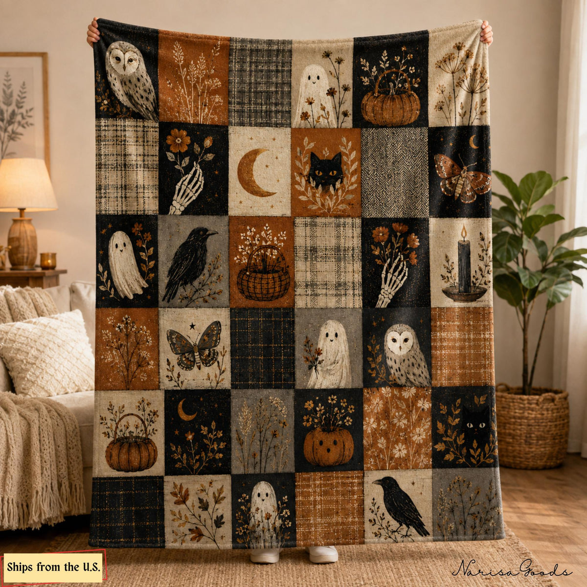 Vintage Halloween Flannel Blanket, Patchwork Ghost Owl Black Cat Throw,Pumpkin Crow Moth Fall Decor,Spooky Cottagecore Autumn Halloween Gift