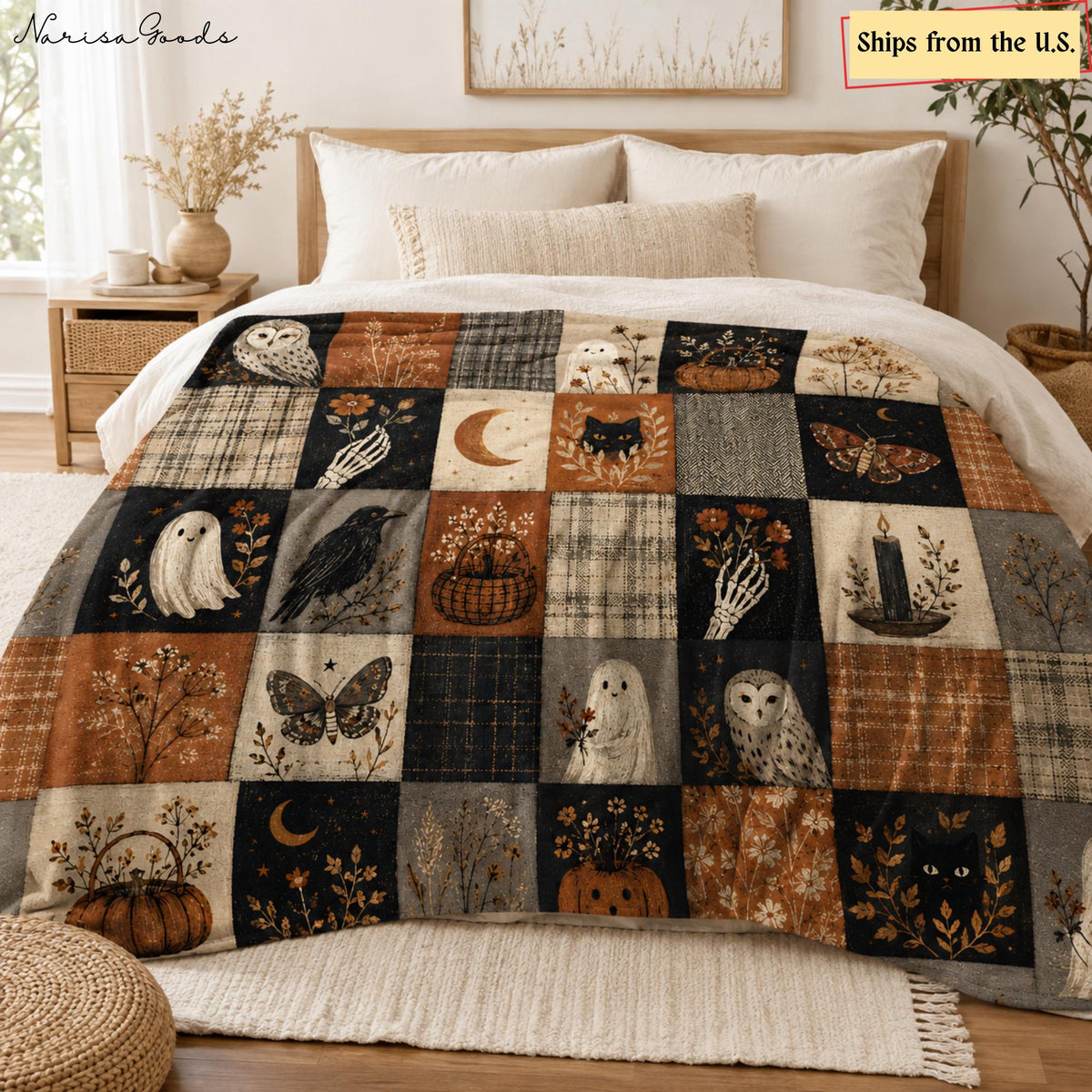 Vintage Halloween Flannel Blanket, Patchwork Ghost Owl Black Cat Throw,Pumpkin Crow Moth Fall Decor,Spooky Cottagecore Autumn Halloween Gift