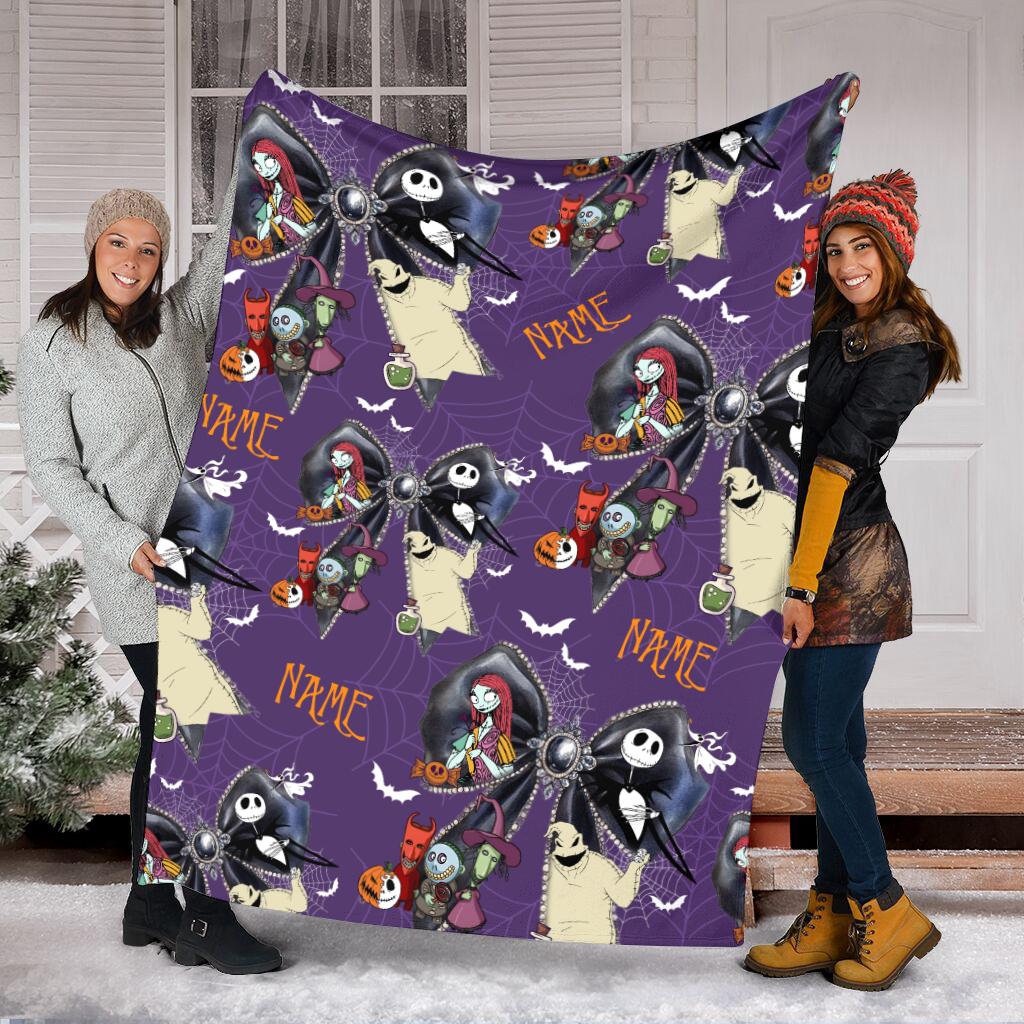 Personalized Spooky Name Blanket, Custom Halloween Coquette Bow Throw Blanket, Nightmare Christmas Blanket, Cozy Fleece Spooky Gift