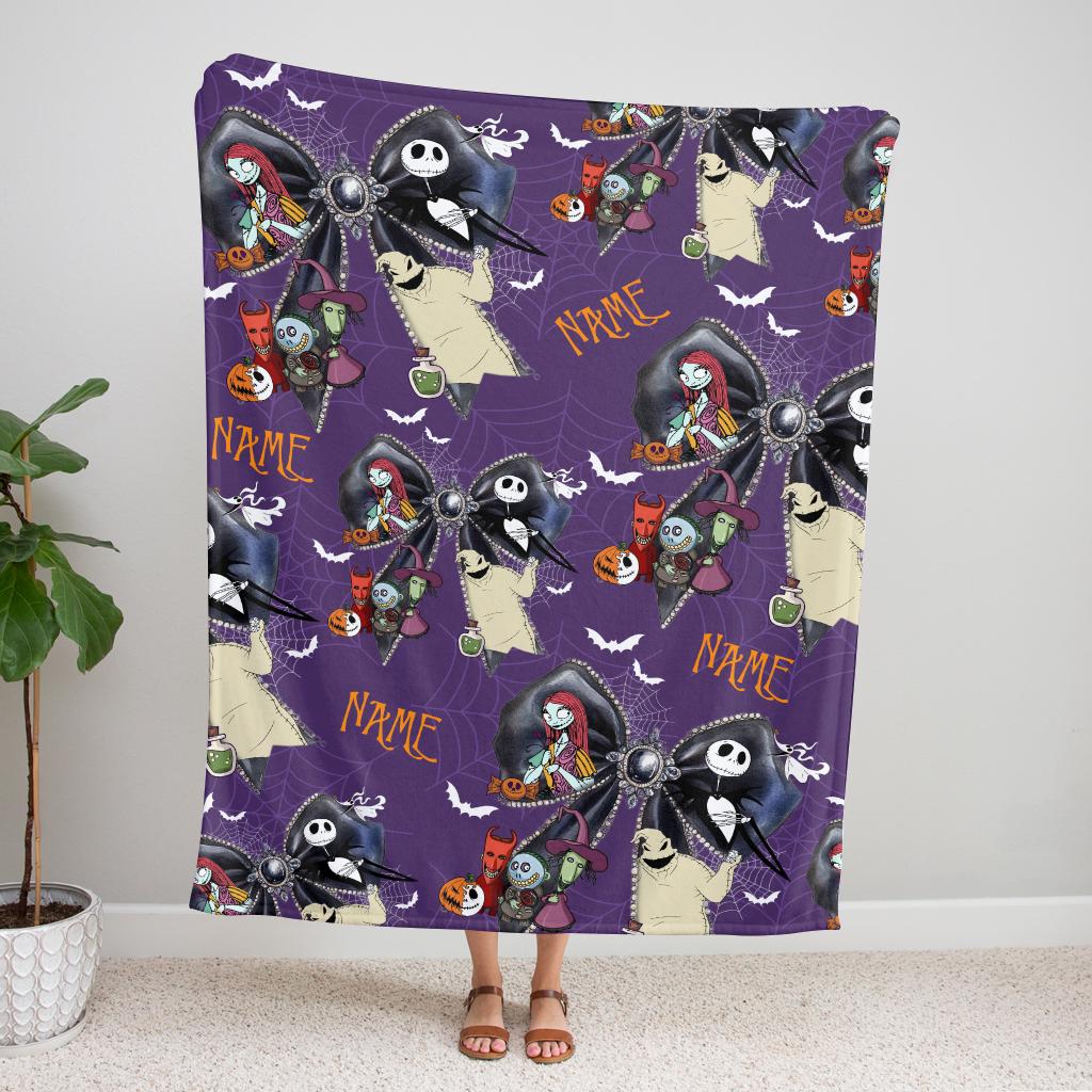 Personalized Spooky Name Blanket, Custom Halloween Coquette Bow Throw Blanket, Nightmare Christmas Blanket, Cozy Fleece Spooky Gift