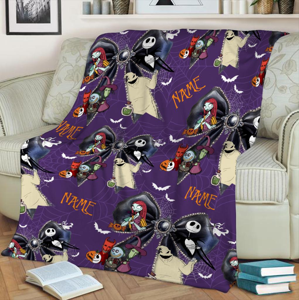 Personalized Spooky Name Blanket, Custom Halloween Coquette Bow Throw Blanket, Nightmare Christmas Blanket, Cozy Fleece Spooky Gift