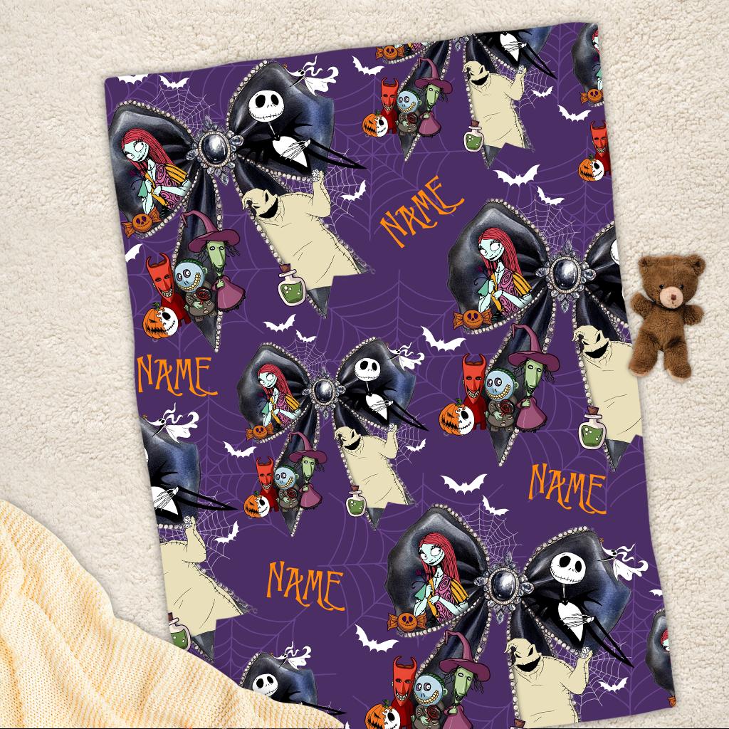 Personalized Spooky Name Blanket, Custom Halloween Coquette Bow Throw Blanket, Nightmare Christmas Blanket, Cozy Fleece Spooky Gift