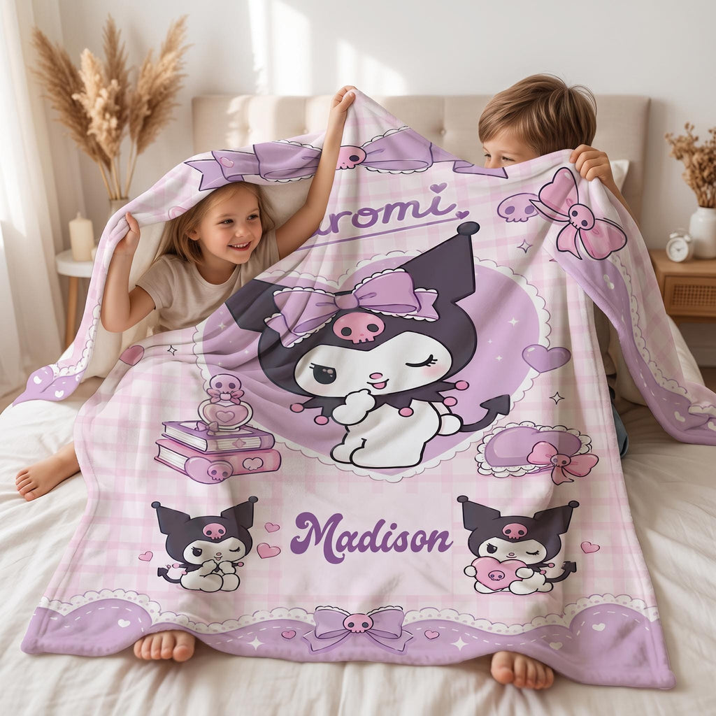 Personalized Kuromi Blanket, Custom Kuromi Throw with Name, Sanrio Kids Cozy Blanket, Kawaii Gift for Girls, Cute Anime Birthday Gift