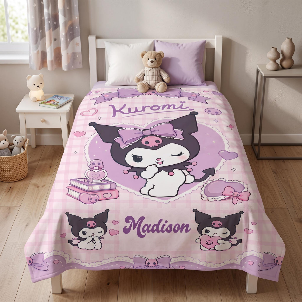 Personalized Kuromi Blanket, Custom Kuromi Throw with Name, Sanrio Kids Cozy Blanket, Kawaii Gift for Girls, Cute Anime Birthday Gift