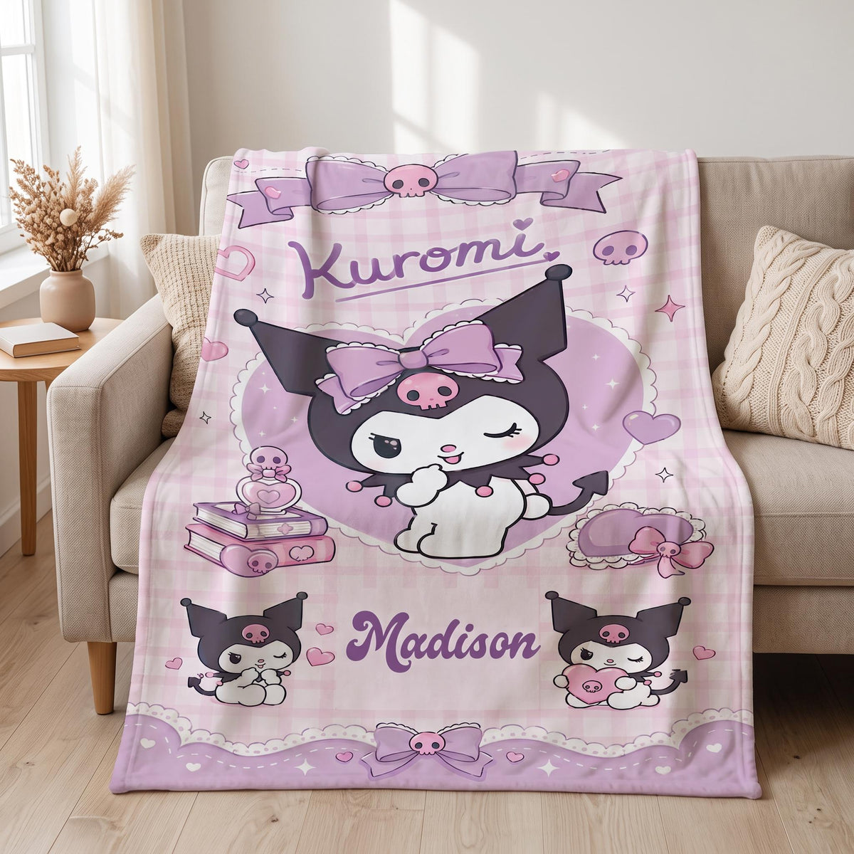 Personalized Kuromi Blanket, Custom Kuromi Throw with Name, Sanrio Kids Cozy Blanket, Kawaii Gift for Girls, Cute Anime Birthday Gift