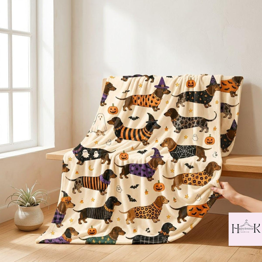 Spooky Dachshund Halloween Blanket, Sausage Dog Throw Blanket, Cute Wiener Dog Pattern Blanket, Dog Mom Gift, Cozy Couch Blanket