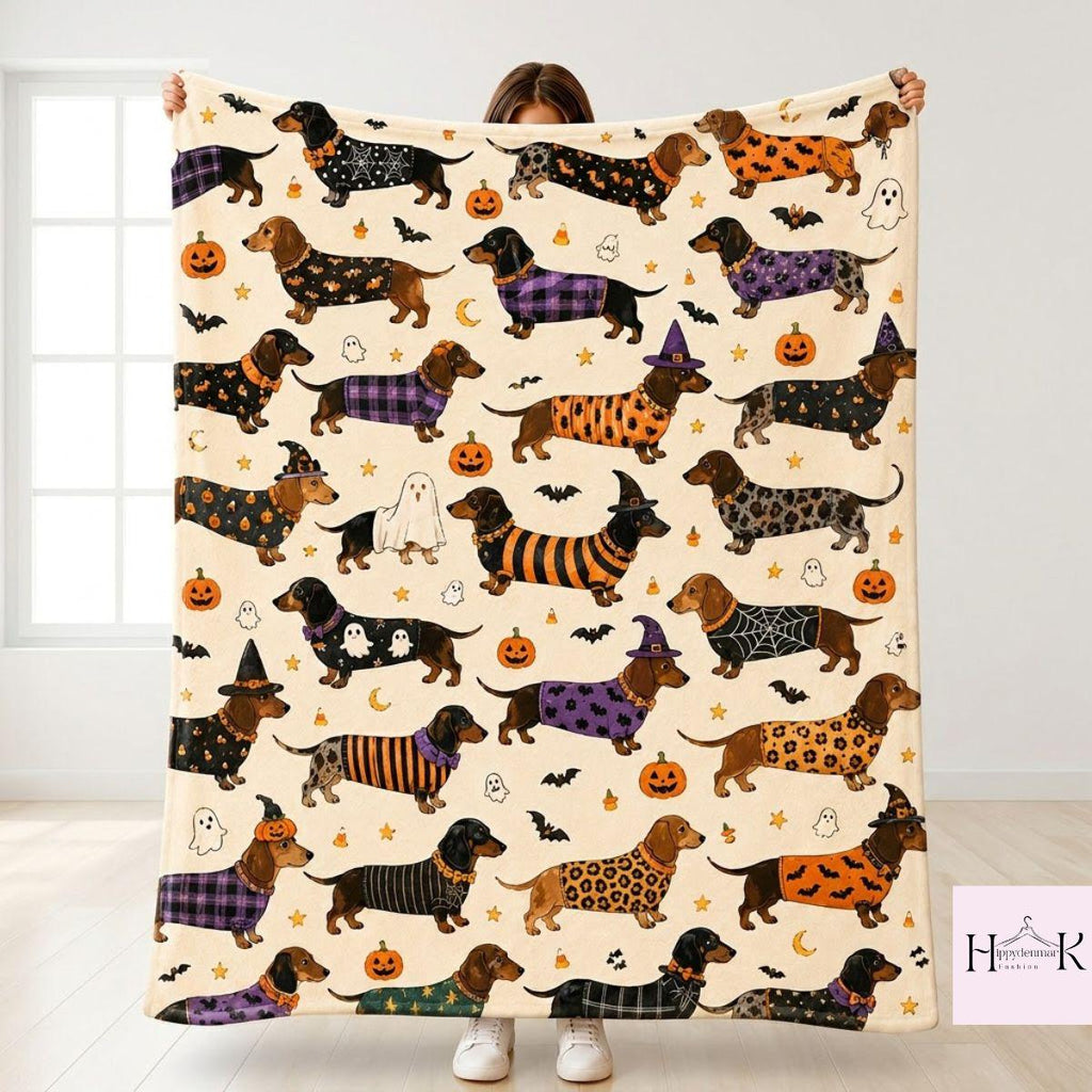 Spooky Dachshund Halloween Blanket, Sausage Dog Throw Blanket, Cute Wiener Dog Pattern Blanket, Dog Mom Gift, Cozy Couch Blanket