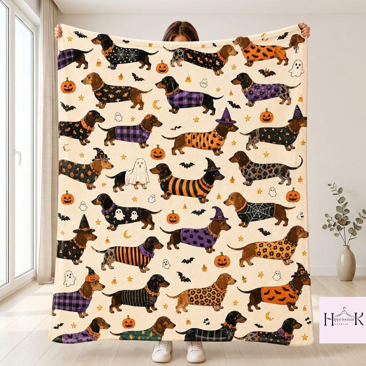 Spooky Dachshund Halloween Blanket, Sausage Dog Throw Blanket, Cute Wiener Dog Pattern Blanket, Dog Mom Gift, Cozy Couch Blanket