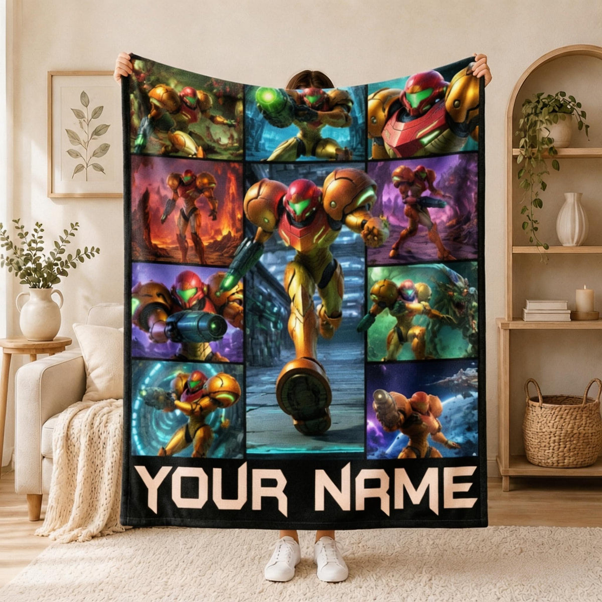 Personalized Space Hero Blanket, Retro Sci-Fi Gaming Fleece Throw