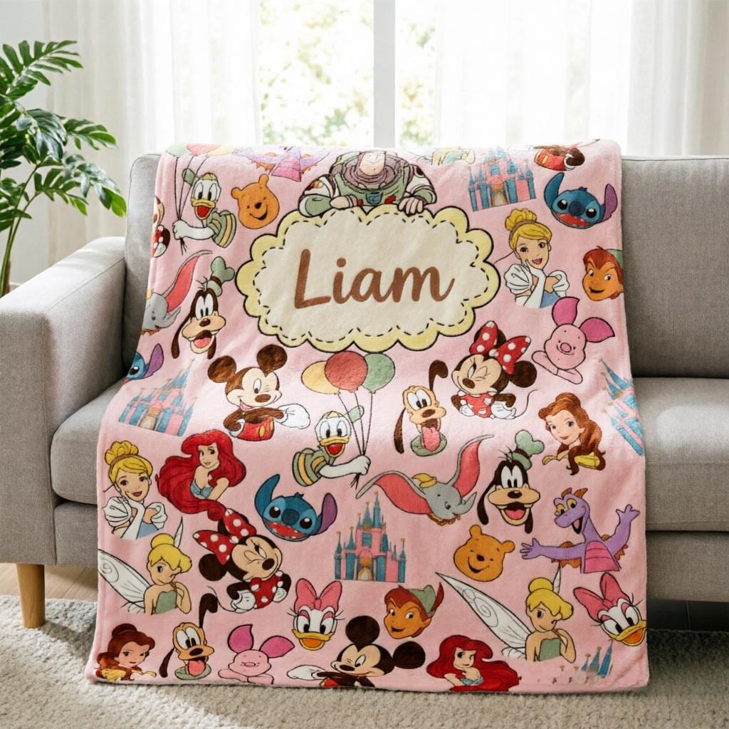 Custom Name Disney Characters Throw Blanket, Soft Blanket, Kids Birthday Gift