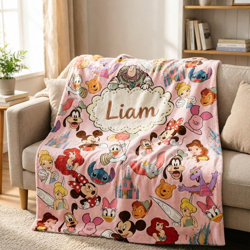 Custom Name Disney Characters Throw Blanket, Soft Blanket, Kids Birthday Gift