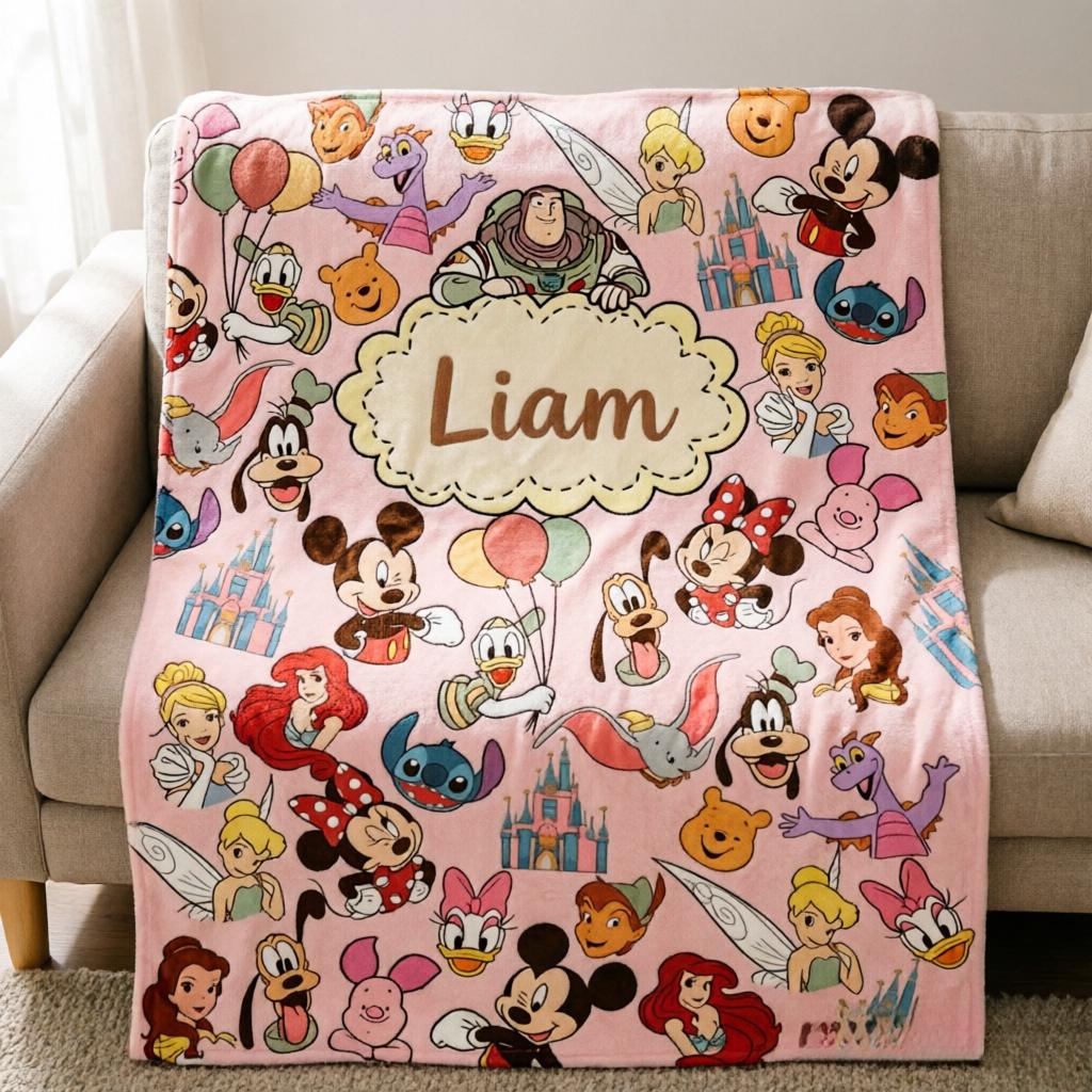 Custom Name Disney Characters Throw Blanket, Soft Blanket, Kids Birthday Gift