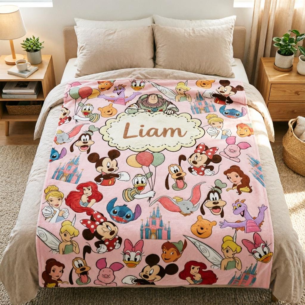 Custom Name Disney Characters Throw Blanket, Soft Blanket, Kids Birthday Gift