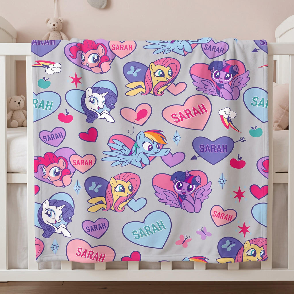 Personalized My Little Pony Flannel Blanket, Custom Name MLP Kids Throw, Rainbow Dash Pinkie Pie Gift for Girls, Custom Toddler Blanket