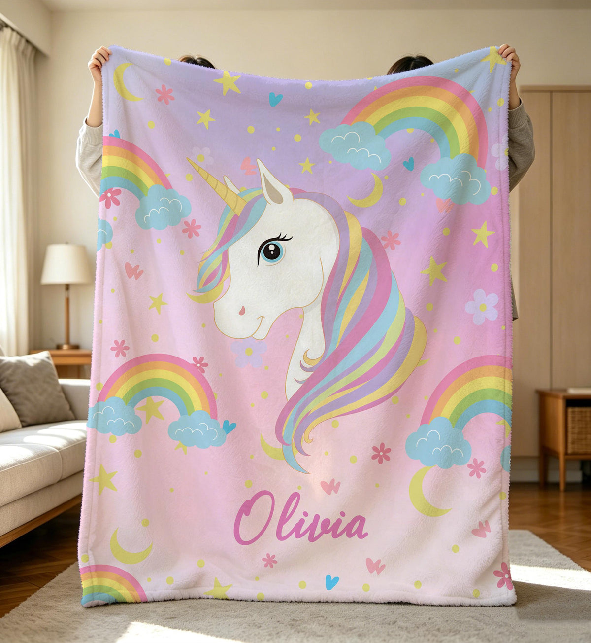 Personalized Unicorn Blanket,Rainbow Name Blanket,Cozy Flannel Throw Blanket,Nursery Bedding,Bday Gift for Her,Granddaughter Birthday Gift