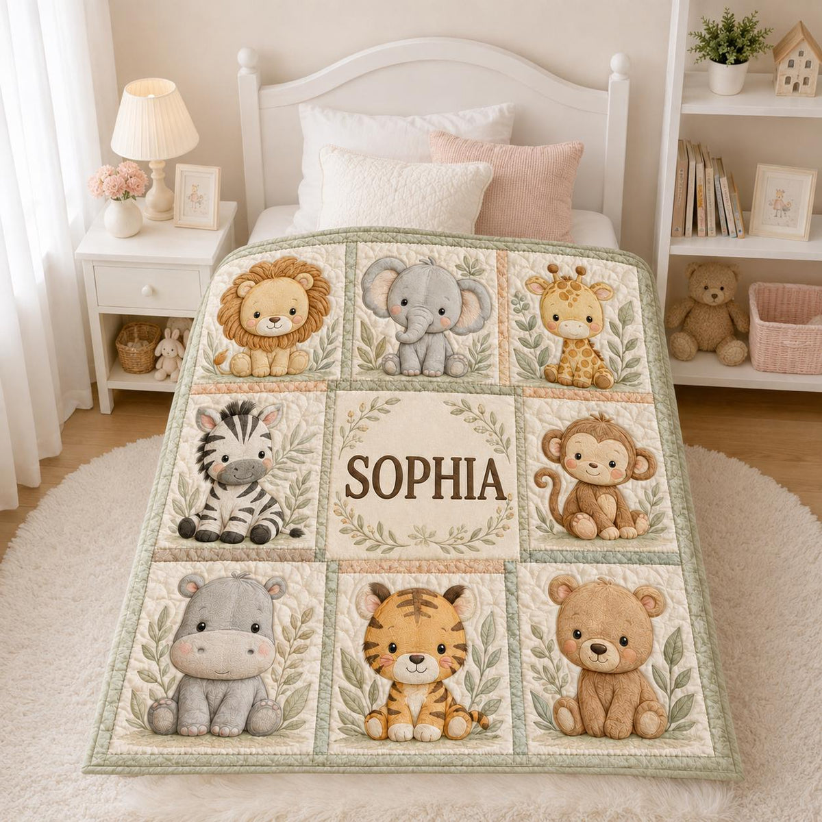 Custom Safari Baby Quilt, Personalized Jungle Nursery Blanket, Sherpa Fleece Woven Quilt