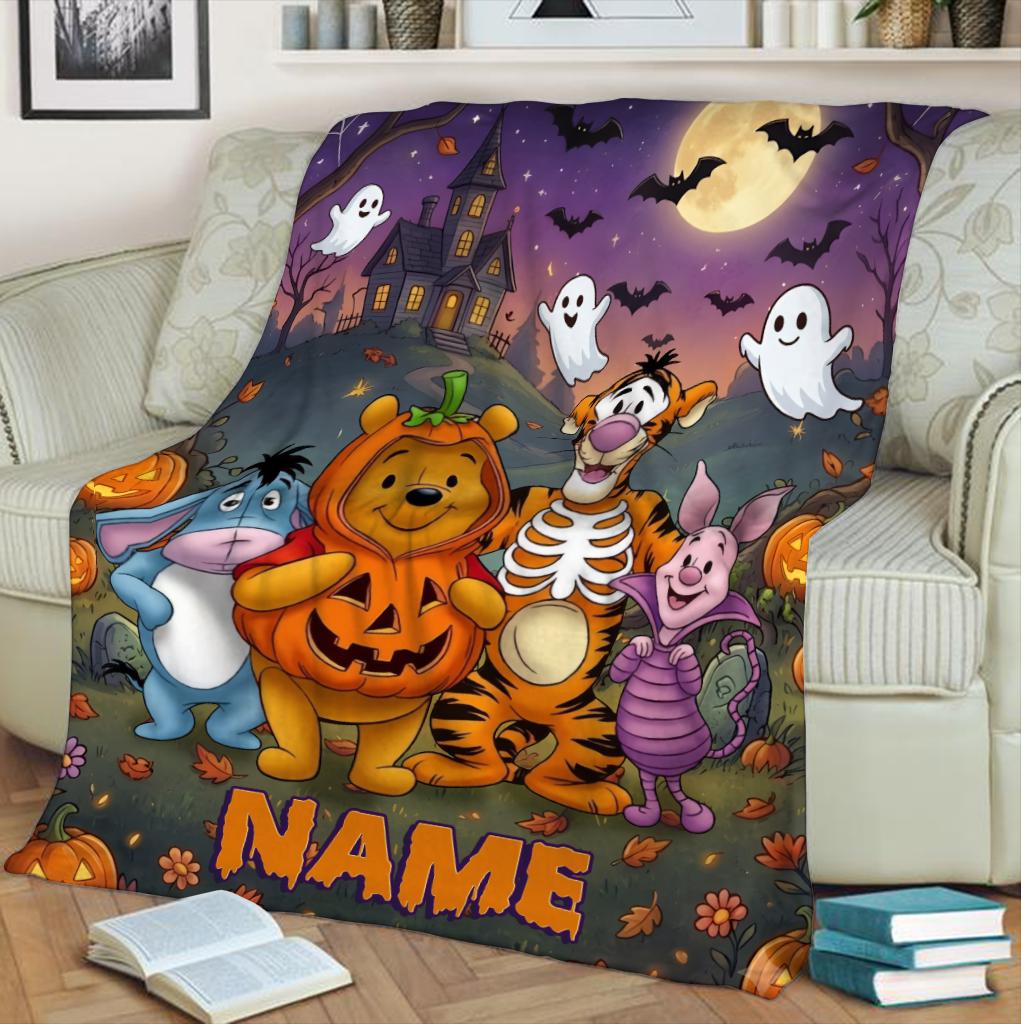 Custom Winnie the Pooh Halloween Blanket, Personalized Spooky Pumpkin Fleece Throw, Cute Ghost Autumn Decor, Trick or Treat Gift, Kids Gift