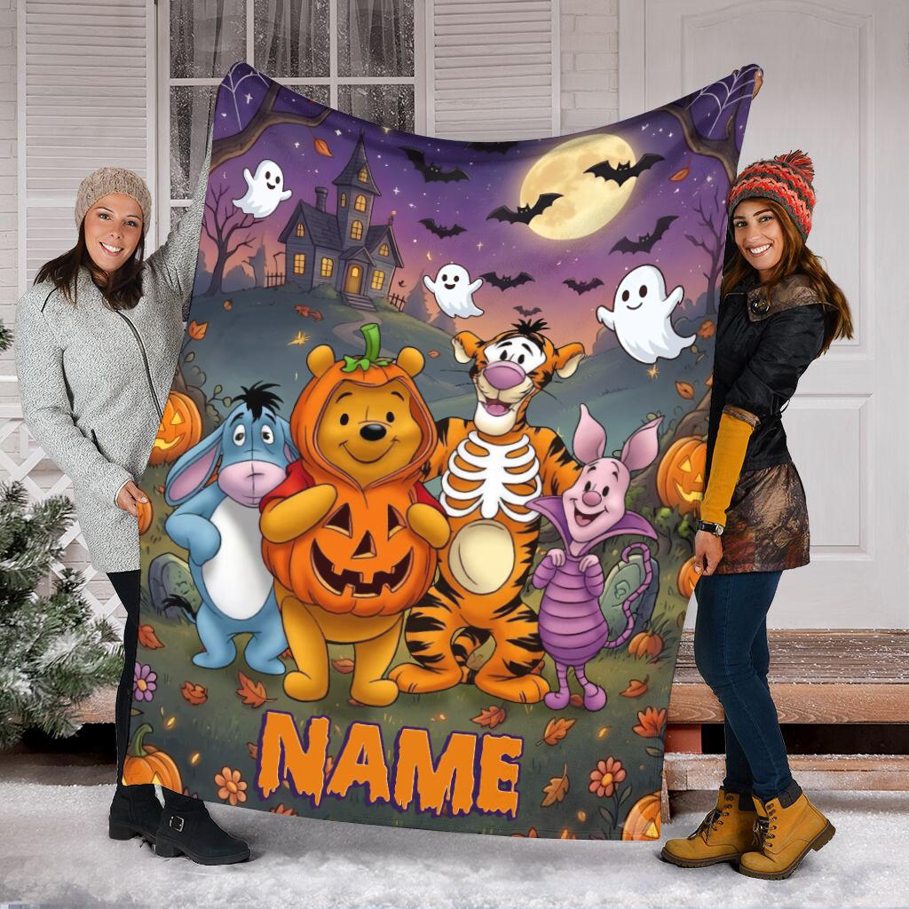 Custom Winnie the Pooh Halloween Blanket, Personalized Spooky Pumpkin Fleece Throw, Cute Ghost Autumn Decor, Trick or Treat Gift, Kids Gift