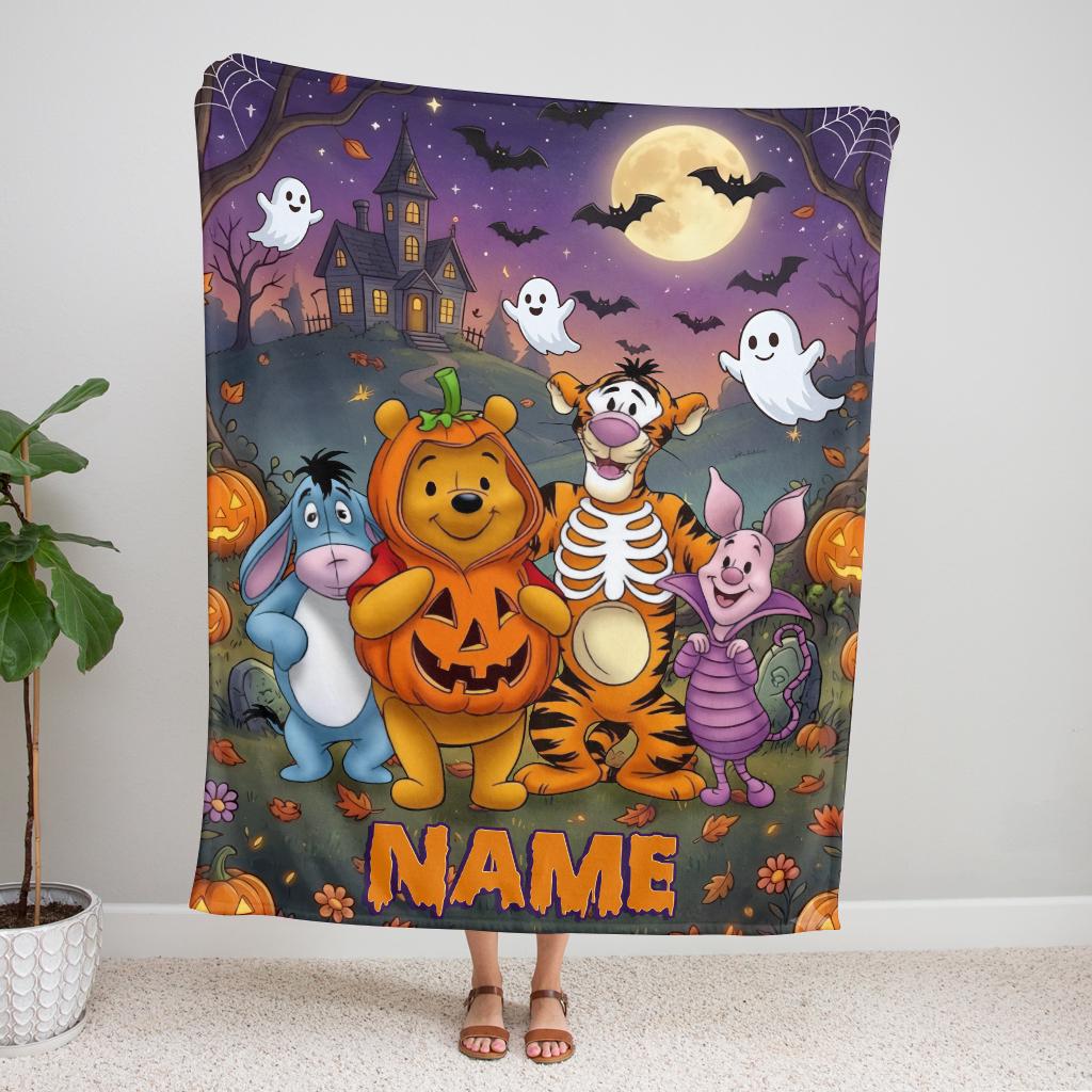 Custom Winnie the Pooh Halloween Blanket, Personalized Spooky Pumpkin Fleece Throw, Cute Ghost Autumn Decor, Trick or Treat Gift, Kids Gift