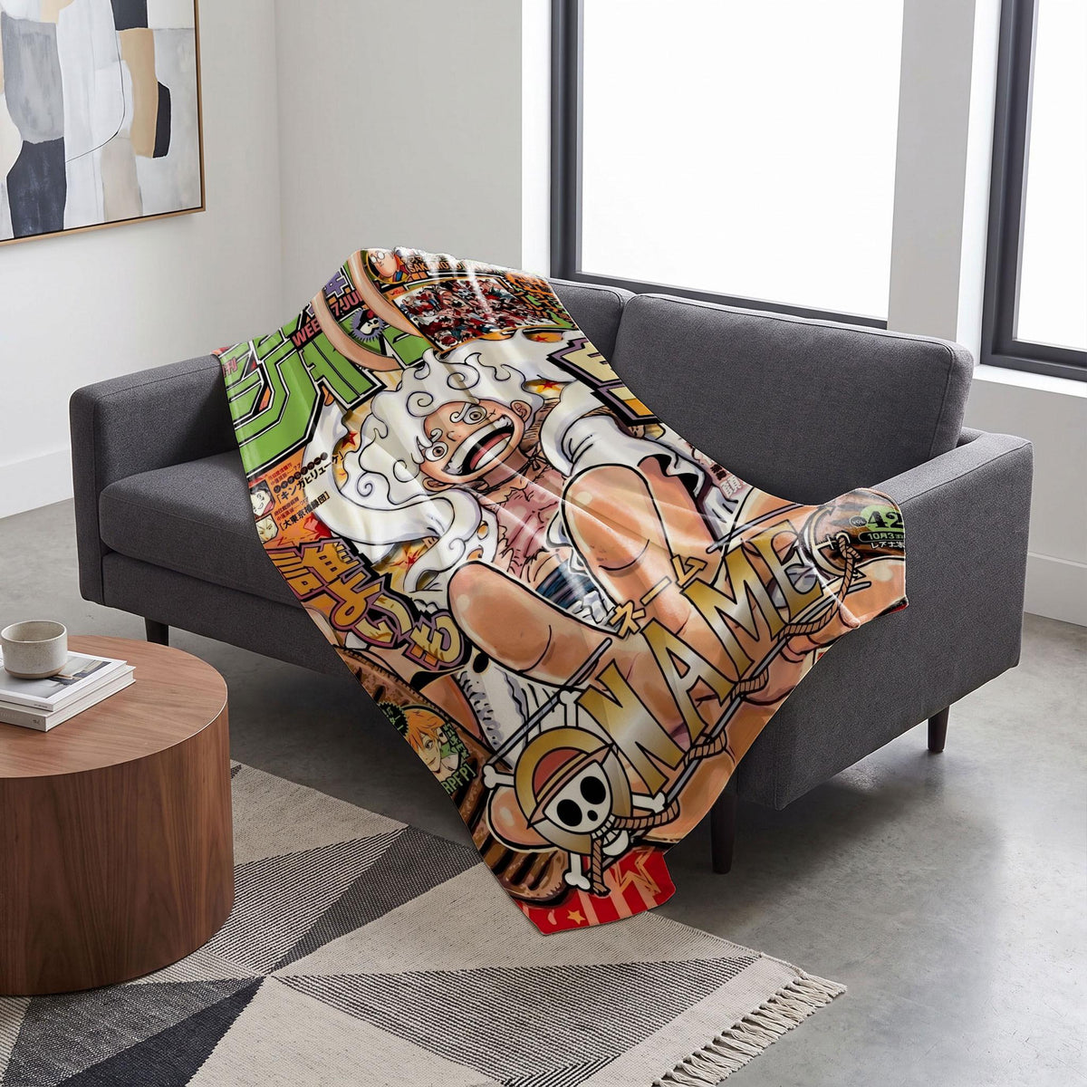 Joyboy Luffy Gear 5 Custom Name Blanket One Piece Manga Cover Throw Sun God Nika Bedding Anime Fan Decor Gift