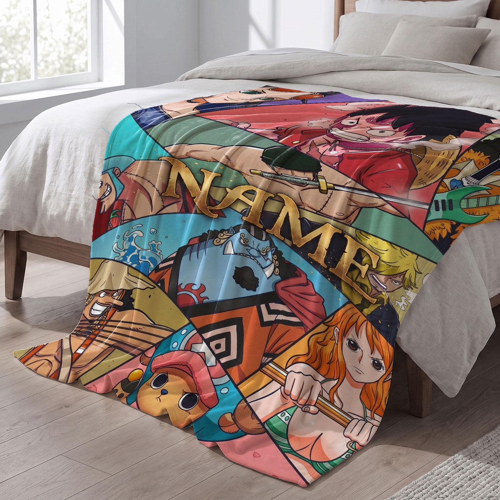 Straw Hat Pirates Custom Name Blanket One Piece Crew Collage Throw Epic Anime Bedding Grand Line Fan Decor Gift