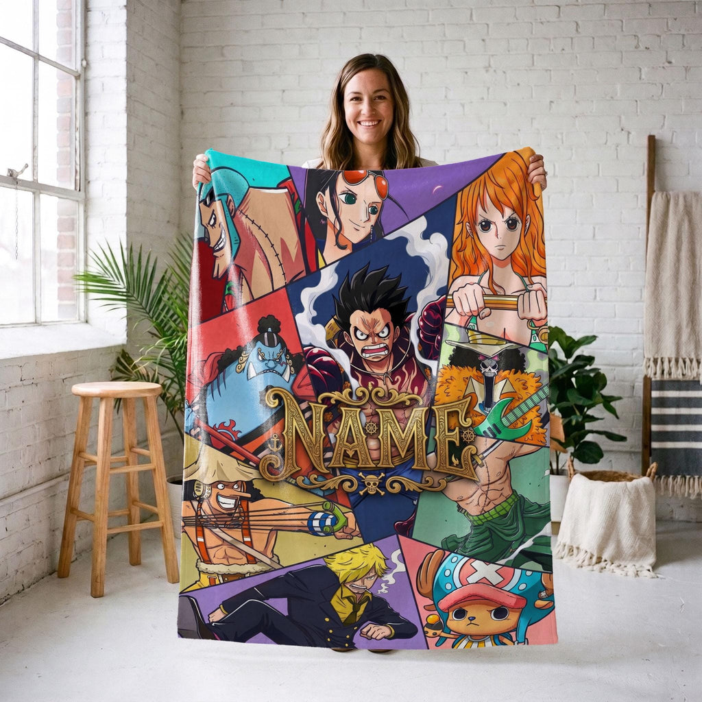 Epic One Piece Crew Custom Name Blanket Straw Hat Pirates Collage Throw Vintage Pirate Logo Bedding Anime Fan Gift
