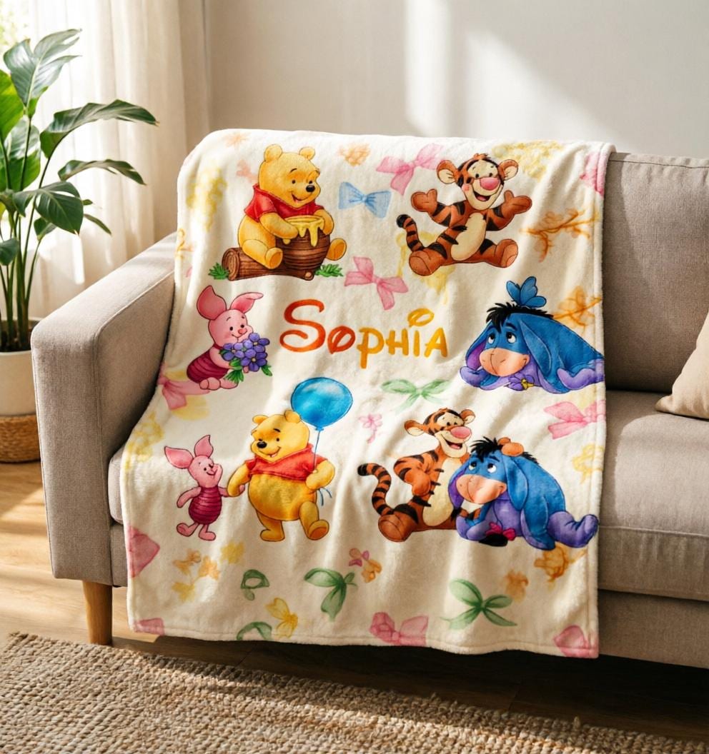 Personalized Pooh Bear Blanket Soft Throw, Custom Name Girls Throw