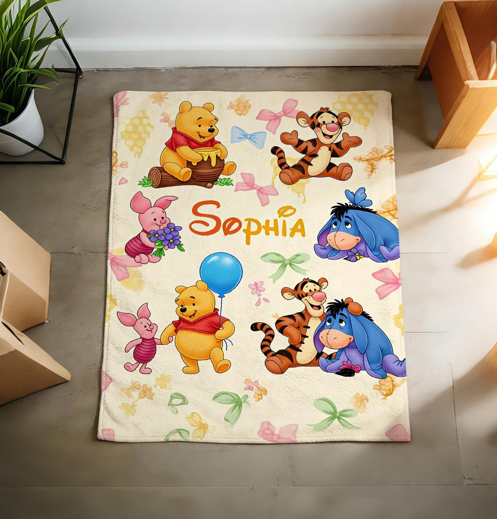 Personalized Pooh Bear Blanket Soft Throw, Custom Name Girls Throw