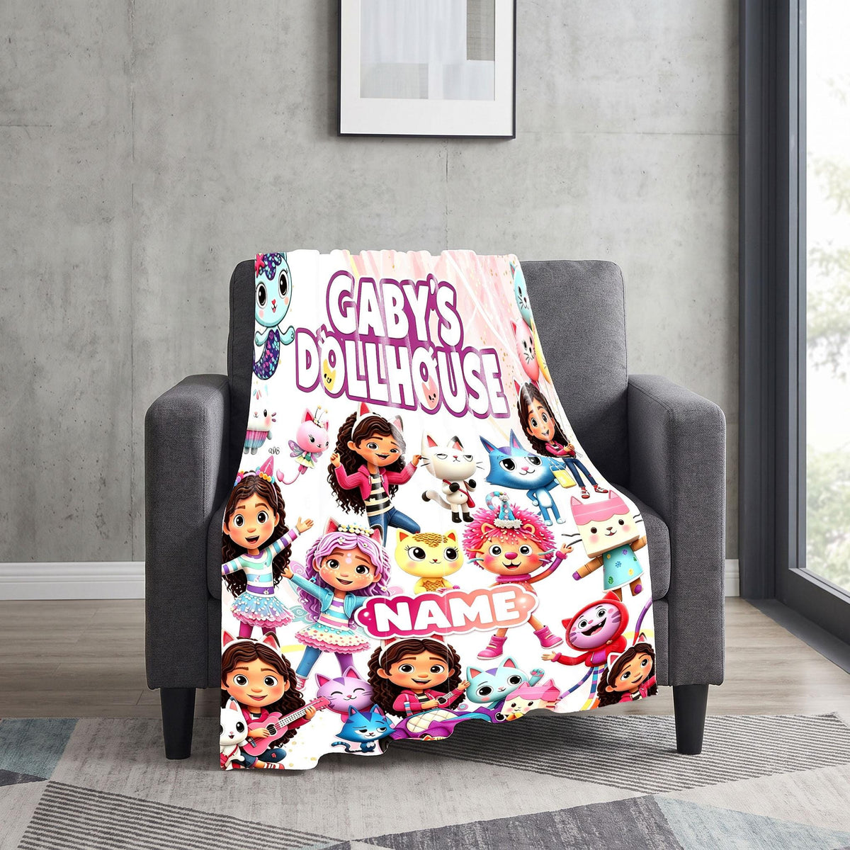 Gabby's Dollhouse 3D Character Blanket, Custom Name Pandy Paws Throw, Kids Cartoon Bedding, Girls Birthday Gift