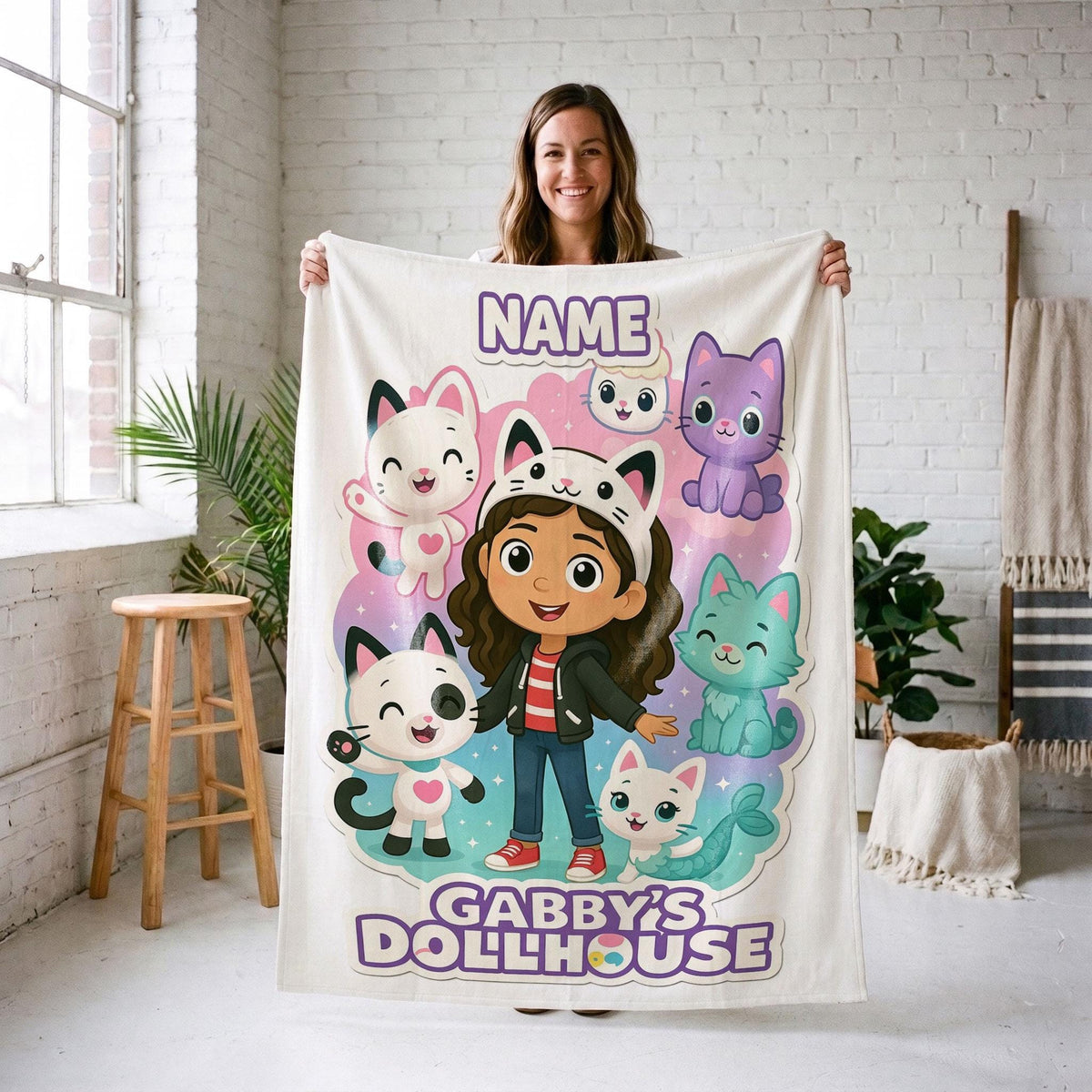 Gabby's Dollhouse Pastel Blanket, Cute Pandy Paws Mercat Throw, Custom Name Bedding, Kids Nursery Gift