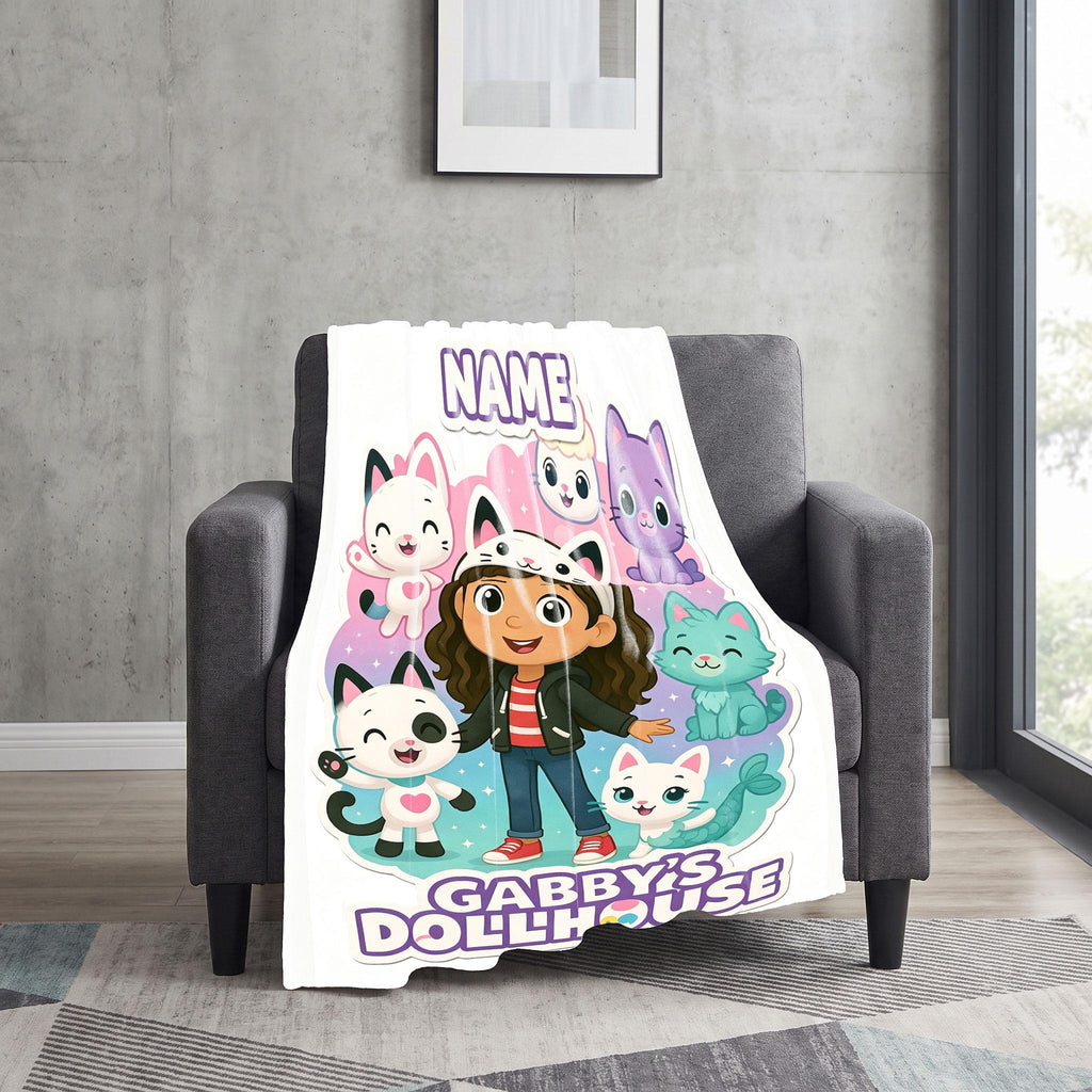 Gabby's Dollhouse Pastel Blanket, Cute Pandy Paws Mercat Throw, Custom Name Bedding, Kids Nursery Gift